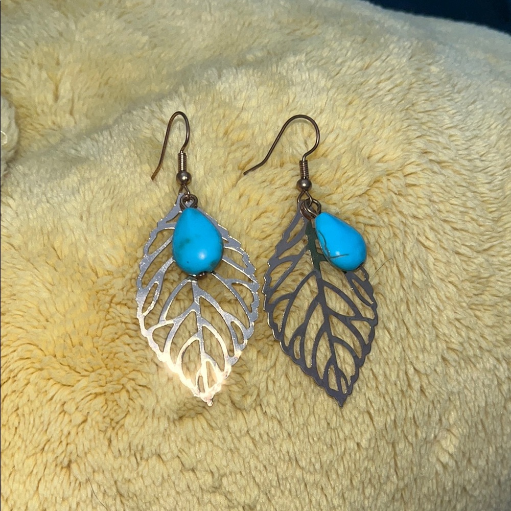 Gold and Turquoise Leaf Earrings